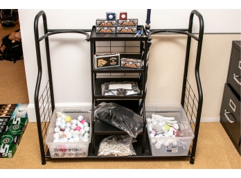 Group Of Golf Balls, Supplies, Tees And Storage Rack