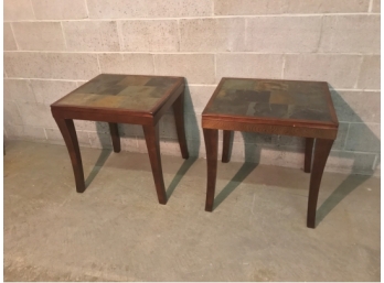 Pair Faux Stone/slate Top Tall Side Tables Manufatured By Standard Furniture Company