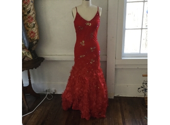 Red Silk Beaded Evening Gown, Size 8