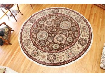 Earth Tone Floral Round Area Rug With Hand Knotted Fringes