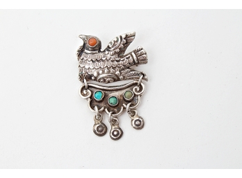 Sterling Silver Signed MAI Bird Pin With Small Colored Beads