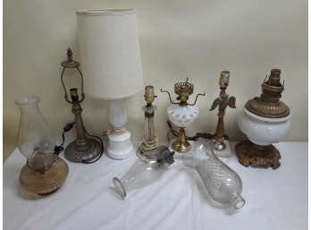 Seven Vintage Lamps, Some Milk Glass, Fenton, Oil Lamps