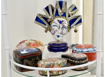 Collection Of Trinket Boxes And Porcelain Masquerade Wall Plaque Mask