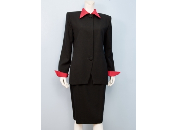 Vintage Christian Dior Black Skirt Suit With Removable Pink Cuffs, Collar And Bow - Size: 10