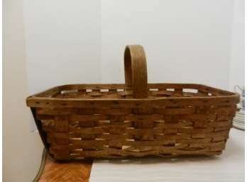 Antique Primitive Hand Woven Wood Wicker Oblong Basket W/Handle