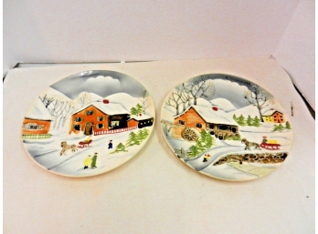 2 Vintage Painted Numbered Porcelain Christmas Holiday Snow Scene 9 1/4' Decorative Wall Plates