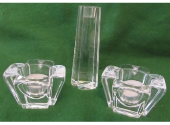 Pair Of Orrefors Crystal Tea Light Holder And Single Orrefors Tapered Candle Holder