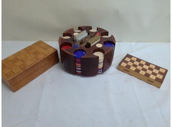 Two Small Travel Chess Game And Poker Chips/Cards/Caddy