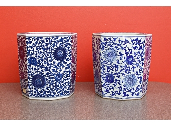 Two Compatable Large Octagonal Blue & White Vases