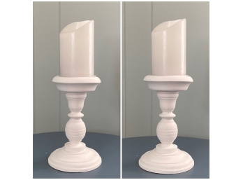 PAIR Of White Wood Candlestick Lamp With Patterned Linen Shade