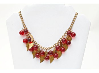Early Vintage Miriam Haskell Gold Toned Necklace With Red Bakelite Beads