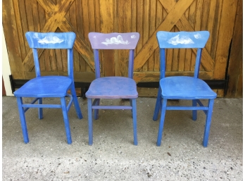 Three Blue Painted Wood Chairs
