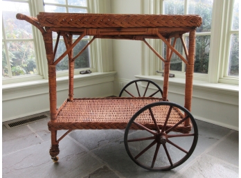 Antique Wicker And Glass Tea Cart