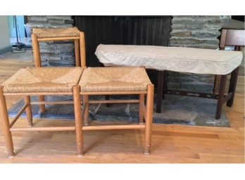 Antique Bench And Two Rush Stools