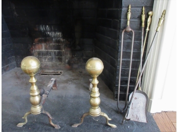 Antique Brass Andirons With Brass And Steel Fire Tools
