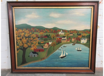 Large Modern Primitive Painting 'The Harbor In Autumn' Signed Miles '78