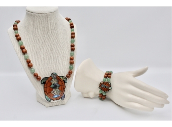 Jade Wood And Sterling Silver Turtle Necklace And Bracelet Set