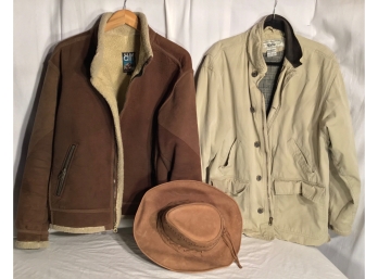 Two Brand Name Men's Jackets And Bullhide Hat