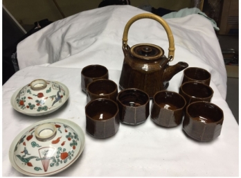 Japanese Tea Set And Two Covered Rice Bowls