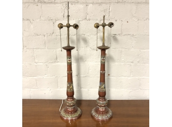 Vintage Brass And Hand-Painted Enamel Japanese Champleve Table Lamps