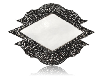 Signed Sterling Silver, Marcasite And Mother Of Pearl Brooch (27.4g Gross)