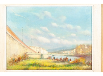 Signed Landscape Oil On Canvas European Bridge