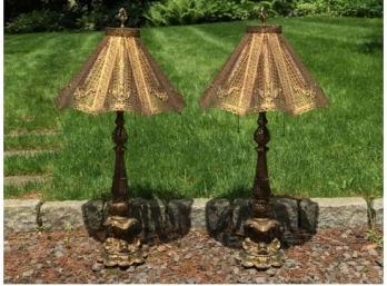 Large Pair Of Continental Pierced Brass Lamps