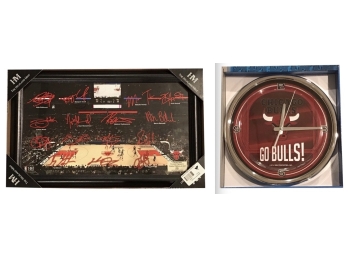 NEW! Chicago Bulls Court Limited Edition Facsimile Signature Glossy Image +  NBA Chicago Bulls Chrome Wall Clock
