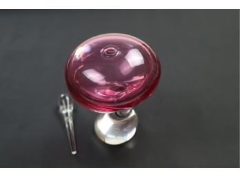 Magenta Colored Glass Swirl Perfume Bottle With Clear Base And Clear Glass Topper