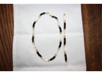 14k Gold Onyx Mop Necklace Bracelet Set