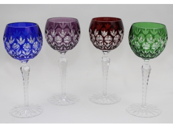 Bohemian Colored Cut To Clear Crystal Wine Goblets