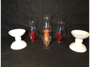 Hurricane Candle Glass And Holders And Two White Ceramic Stands
