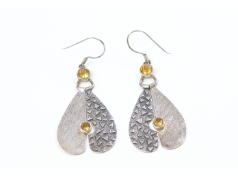 Silver Toned Earrings  With Amber Colored Stones & Velvet Pouch