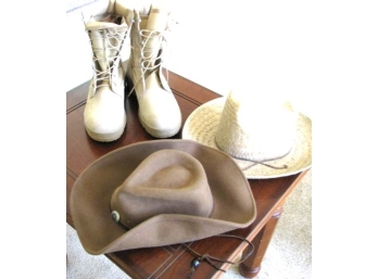 MEN's WORK BOOTS And TWO HATS -