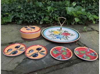 Stangl Pottery Bon Bon Dish And A Circular, Lidded  Box And Coasters From The Monkey And The Peddler