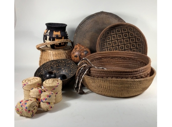 Collection Of Handmade Baskets, Gourds And Bowls