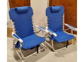 **UPDATED -NEW LOT** Two Folding Backpack Style Low Beach Chairs