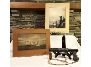 U.S. Navy Mark IV WWII Flare Gun & Two Vintage Sailing Photographs