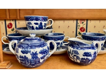 Blue Willow Teapot, Cream & Sugar And 4 Cups & Saucers