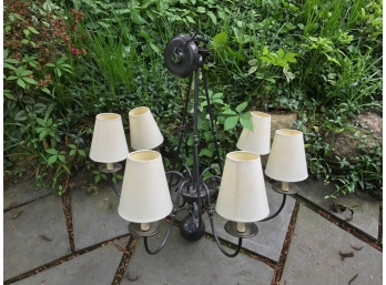 Six Light Iron Chandelier With Conical Tapering Shades