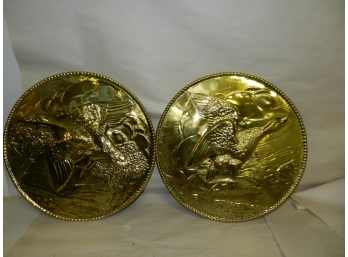 Two Vintage 12' Round Brass Embossed Wall Decor Ducks/Geese