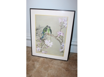 Asian Art Of Two Parakeets On Cherry Blossom Tree Branch