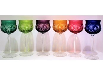 Vintage Set Of Six Beautiful Multi Colored Bohemian Cut Crystal Wine Glasses