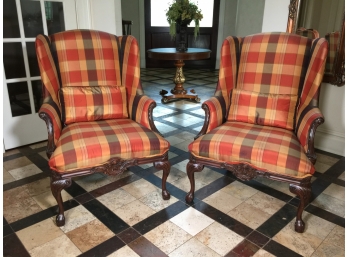 Incredible Carved Armchair With Plaid Upholstery Carvings / Ball & Claw Feet - 2 Of 2 - YOU ARE BIDDING ON ONE