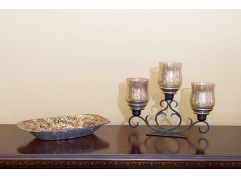 Wrought Iron & Glass Three Light Candle Holder & Glass Dish