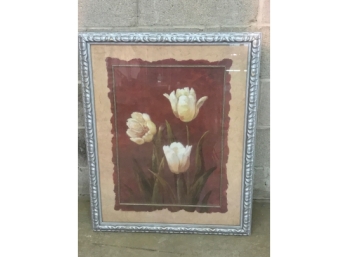 Grey Moulded Frame With Print Of Tulips.