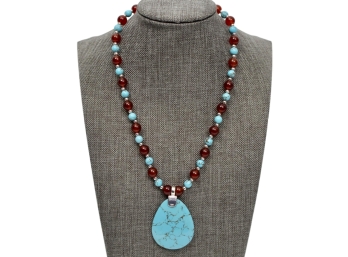 Carnelian, Sterling Silver And Turquoise Pendant Necklace