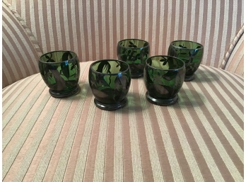 Five Green Liquor Glasses With Sterling Silver Floral Overlay