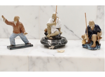 Set Of Three Chinese Fishermen Ceramic Mudmen Art Pottery Figurines