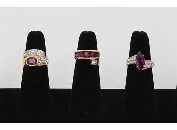 Three 18K Gold Plated Amethyst & CZ Rings - Size 6¼ And 7¼